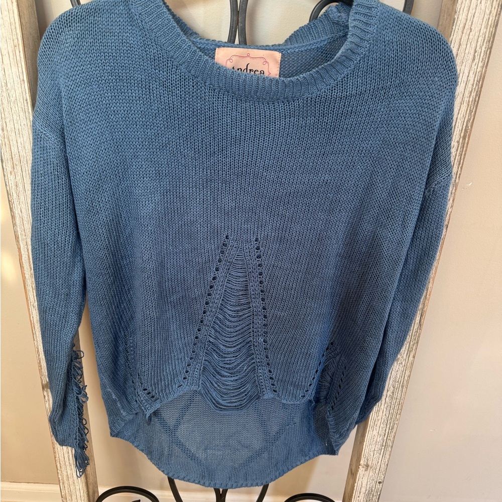 Andrea Hi Low Slitted Front & Arms Blue Knit Sweater Size M/L